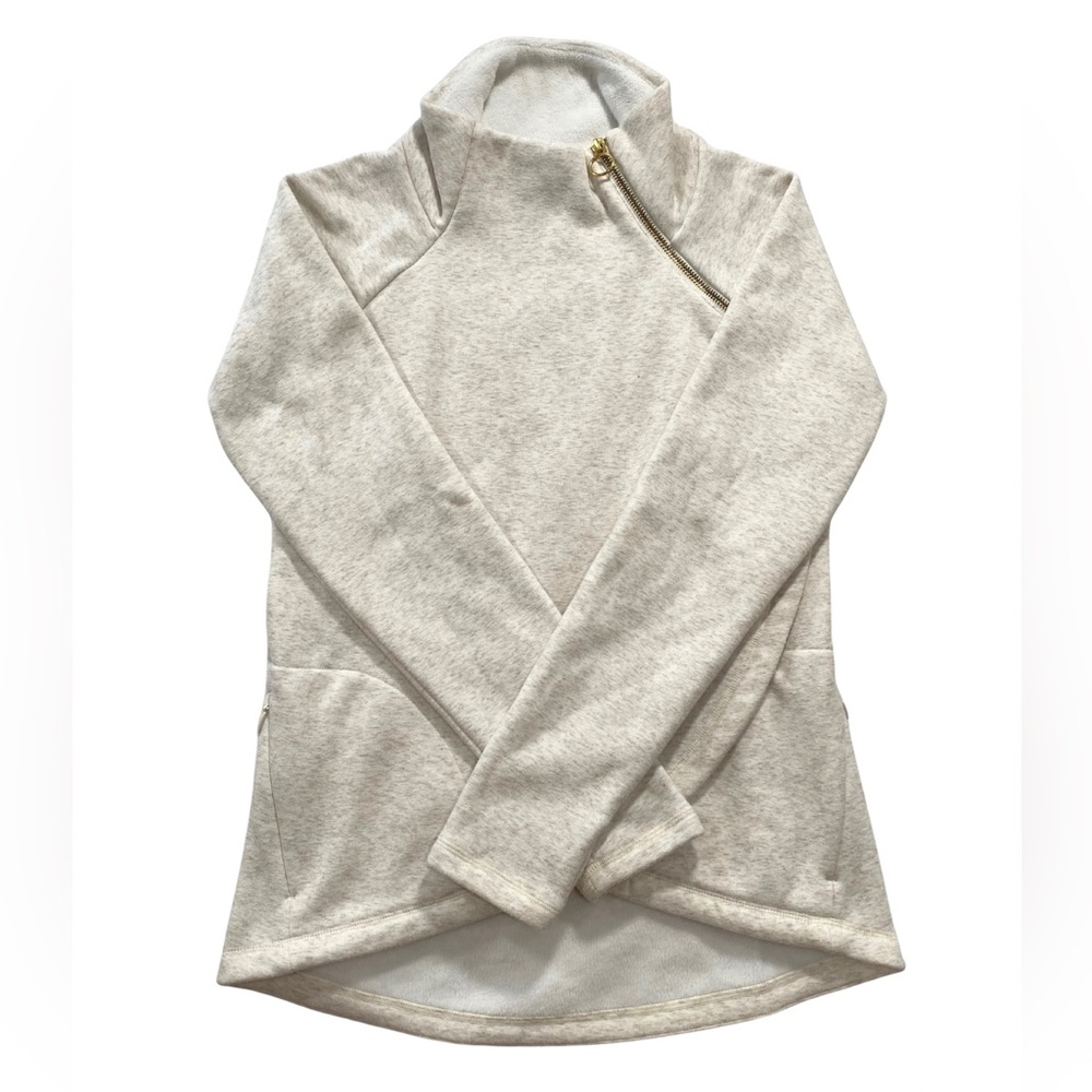 Athleta Cozy Karma Asym Pullover Wrap Front Funnel Neck Light Heather Gold XS